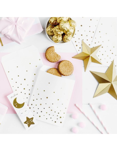 Bolsa papel blanco estrellas oro con pegatinas, 6 uds.