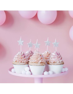 Velas estrellitas glitter plata, 6 unidades 2