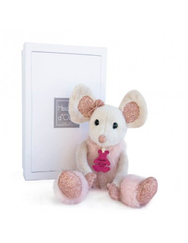 Peluche ratón gris, con detalles rosa brillo 25 cm + caja regalo