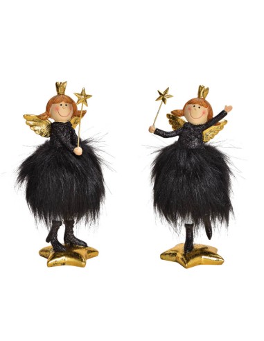 Ángel con alas, corona oro y vestido pelo negro