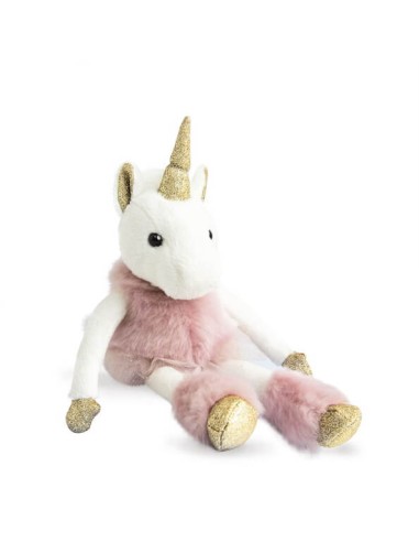Peluche unicornio blanco/rosa detalles oro brillo 30cm